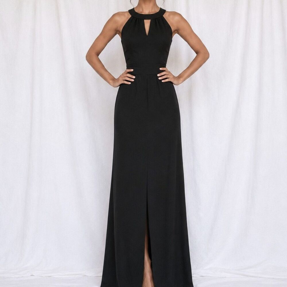 Vintage Y2K Roz & Ali Black Knit Bodycon Front Slit Maxi Cocktail Dress Size S/M